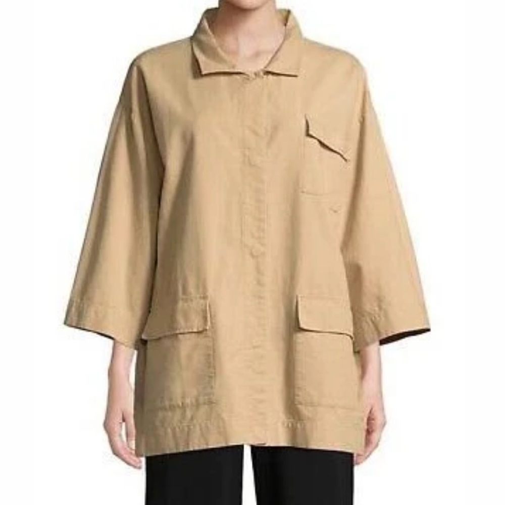 Eileen Fisher Tan Organic Cotton Hemp Mandarin-Collar Jacket Size Large